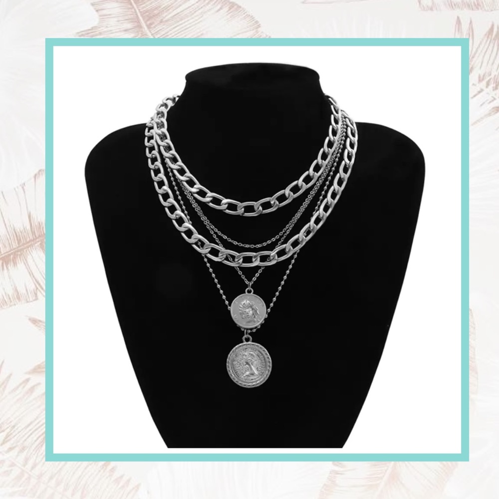 🍒 LAYER CHAIN NECKLACE COIN BOHO CHIC SILVER